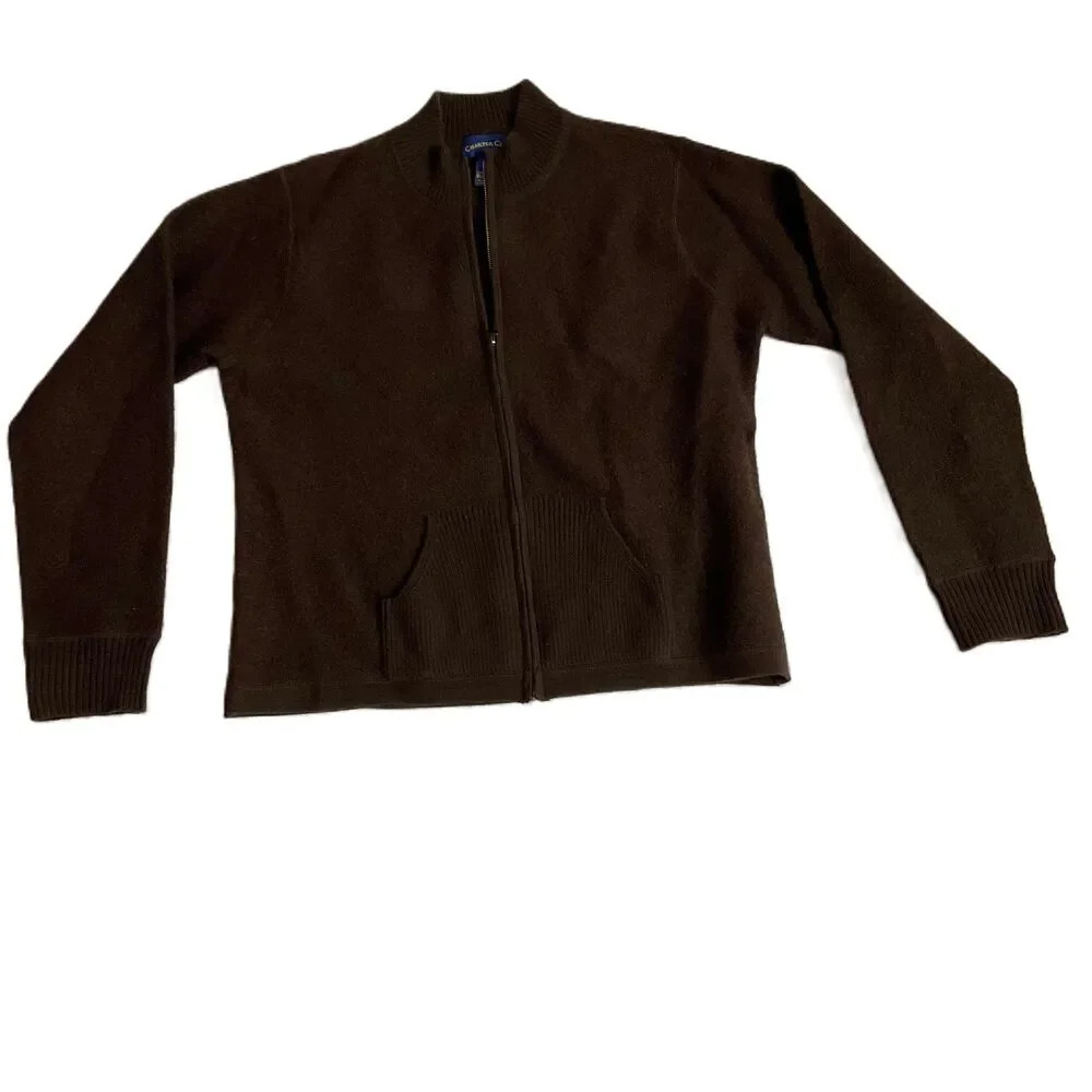 Charter Club XLBrown Wool Zip Up Sweater Ribbed Cuffs Pockets‎